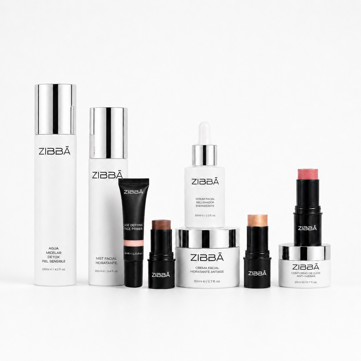 Kit Full ZIBBÁ / Agua Micelar + Sérum + Contorno de Ojos + Crema Facial + Mist Facial + Rubor + Iluminador + Contour + Primer